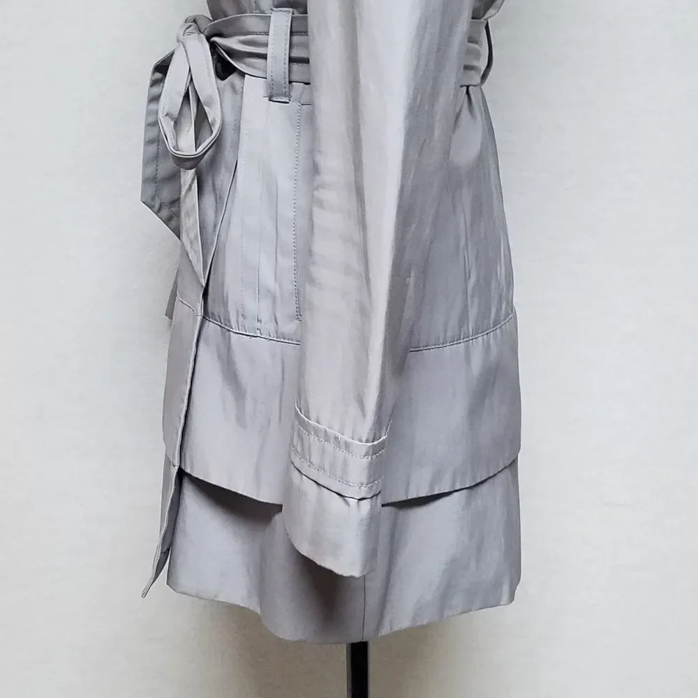 BLACK Rivet Dove Gray Belted Layered  Puff Shoulder Trench Coat Over Coat Small